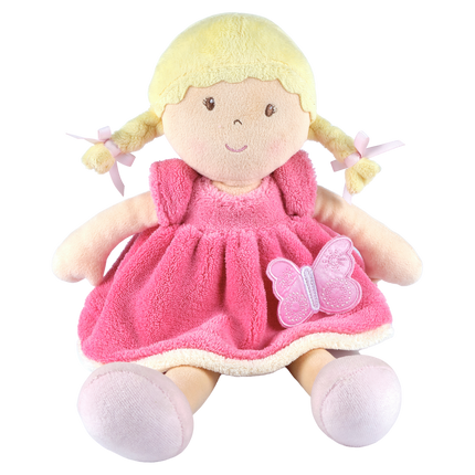Part of our Butterfly Kids Collection, Ria is adorable, delightfully soft, and is the perfect doll to comfort your little doll. Size: 13.7in Age Recommendation: 0+ months Features: Soft body doll with plush hair, embroidered facial features, and decorative butterfly trim. Product care: For full washing instructions see product label. For light cleaning, wipe surface of the toy with soapy water and a damp cloth and air dry. Dress - 100% Polyester Polymide Skin , Hair and Shoes - 100% Polyester Soft boa Filli