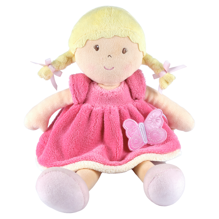 Part of our Butterfly Kids Collection, Ria is adorable, delightfully soft, and is the perfect doll to comfort your little doll. Size: 13.7in Age Recommendation: 0+ months Features: Soft body doll with plush hair, embroidered facial features, and decorative butterfly trim. Product care: For full washing instructions see product label. For light cleaning, wipe surface of the toy with soapy water and a damp cloth and air dry. Dress - 100% Polyester Polymide Skin , Hair and Shoes - 100% Polyester Soft boa Filli
