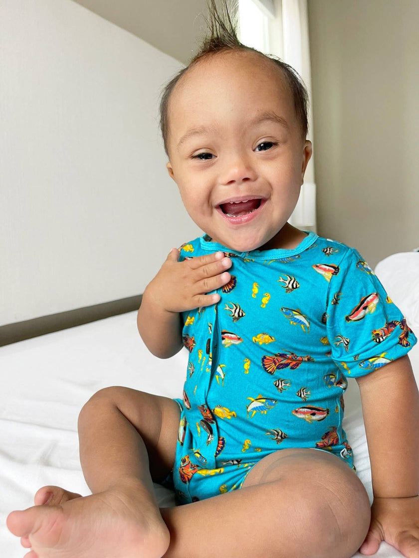 Calypso Fish Short Two-Way Zippy Romper with Faux Buttons