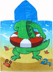 This is an adorable and colorful alligator-themed poncho-style hooded towel made of 100% cotton. It is suitable for children aged approximately between 1 to 8 years old and has double-sided graphics on the front and back.