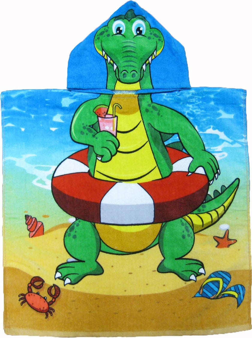 This is an adorable and colorful alligator-themed poncho-style hooded towel made of 100% cotton. It is suitable for children aged approximately between 1 to 8 years old and has double-sided graphics on the front and back