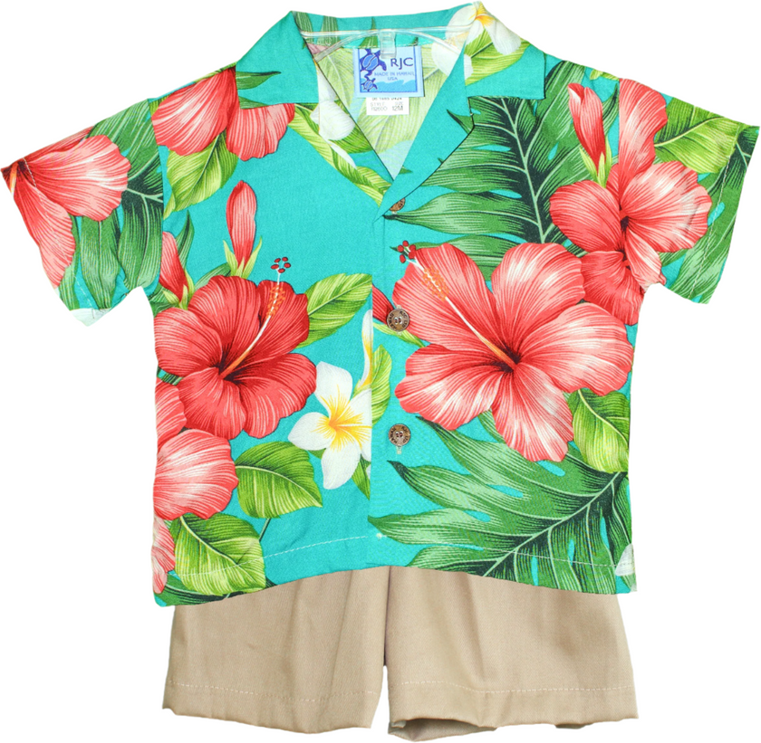 Aqua Hibiscus Cabana Shirt and Shorts Set
