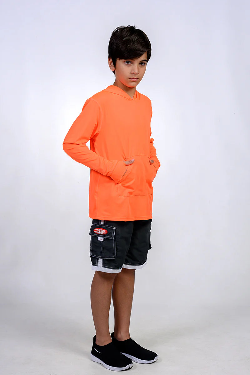 Boys Long Sleeve Hooded Sun Shirt - Neon Orange