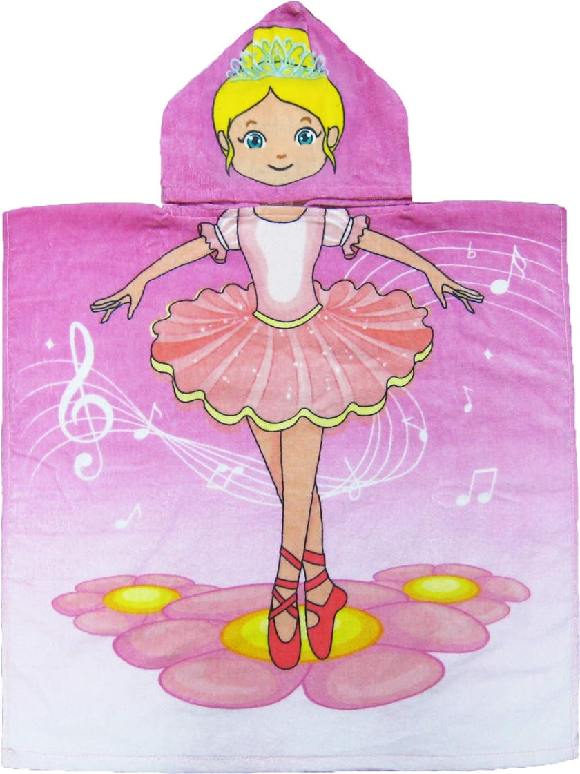 This is an adorable and colorful ballerina-themed poncho-style hooded towel made of 100% cotton. It is suitable for children aged approximately between 1 to 8 years old and has double-sided graphics on the front and back.