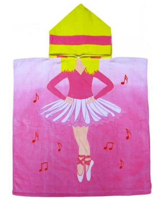 This is an adorable and colorful fairy-themed poncho-style hooded towel made of 100% cotton. It is suitable for children aged approximately between 1 to 8 years old and has double-sided graphics on the front and back. 