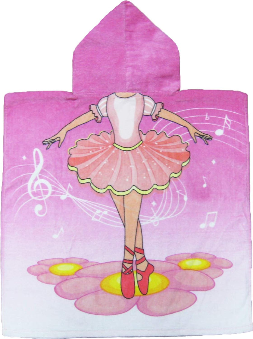 This is an adorable and colorful ballerina-themed poncho-style hooded towel made of 100% cotton. It is suitable for children aged approximately between 1 to 8 years old and has double-sided graphics on the front and back.