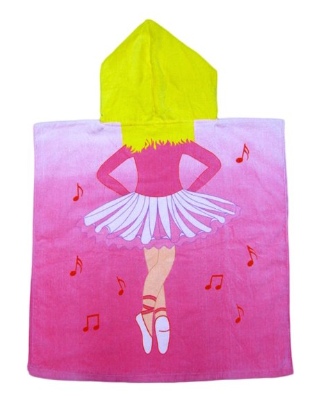 This is an adorable and colorful fairy-themed poncho-style hooded towel made of 100% cotton. It is suitable for children aged approximately between 1 to 8 years old and has double-sided graphics on the front and back. 