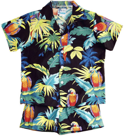 Black with Macaw Cabana Shirt and Shorts Set