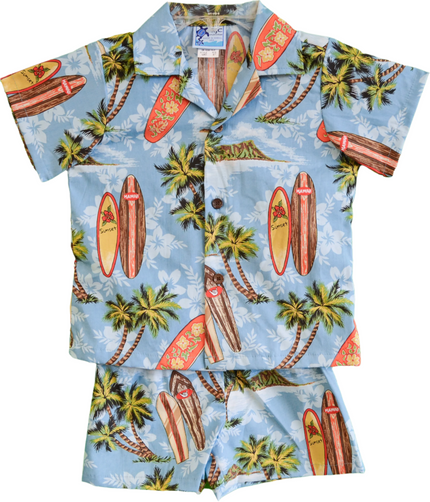 Blue with Surf Boards Cabana Shirt and Shorts Set