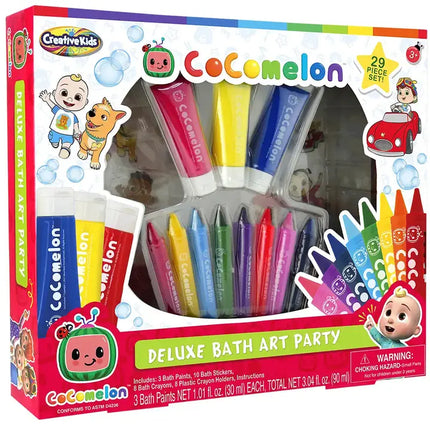 A Tub full of Art Use your bathtub as your canvas and create a Cocomelon masterpiece! This 29-piece set gives you paint, crayons & stickers that are made for bathtub use. They won’t stain or damage your tub & tiles and they’ll make bath time fun again. Decorate with the Cocomelon character stickers or create your own designs with the paint & crayons. Let your imagination guide the way to creative play. Once you’re done playing, simply use your bath water to wipe away your creations. Make bath ti