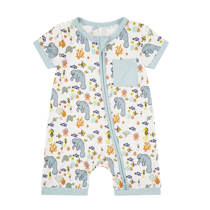 The softest new bamboo daywear shortie romper in our Manatee print. 