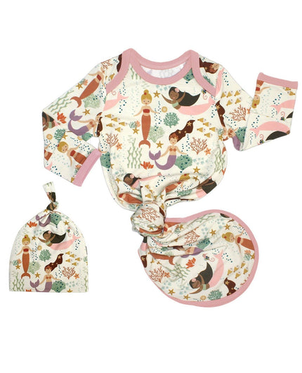 The softest Mermaid bamboo gown and hat sets for newborns in our Making Waves mermaids print!