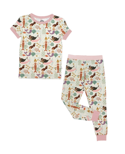 The softest Mermaid bamboo toddler and kids pajamas in our Making Waves mermaids pattern! 