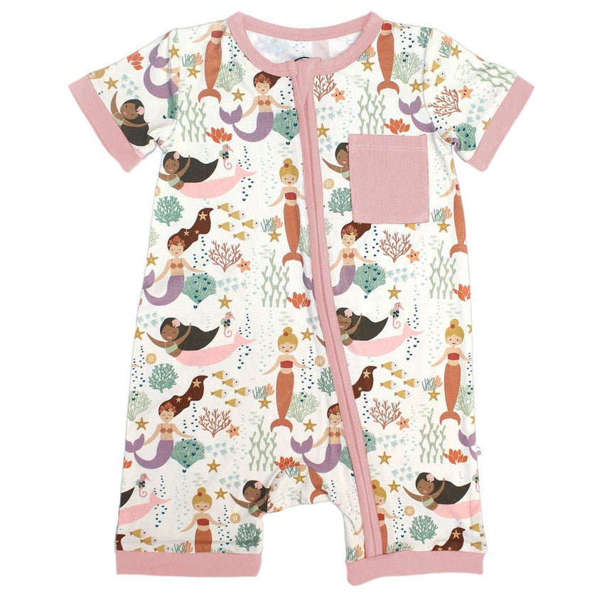 The softest Mermaid bamboo shortie romper in our Making Waves mermaids print!