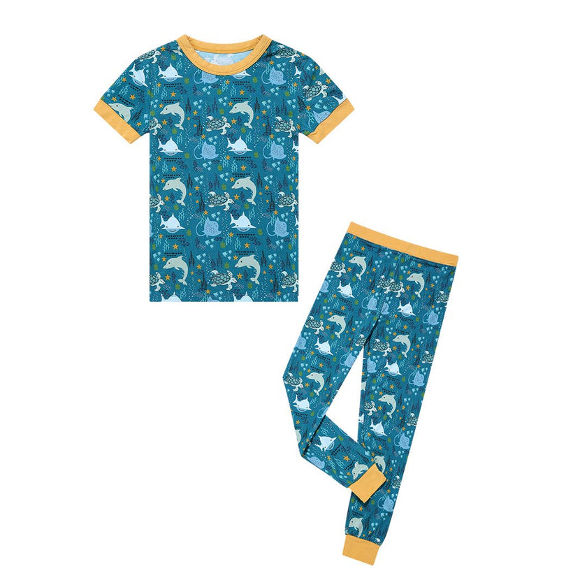 The softest bamboo kids pajamas in our new Oceans Friends pattern! This marine print is perfect for Summer.