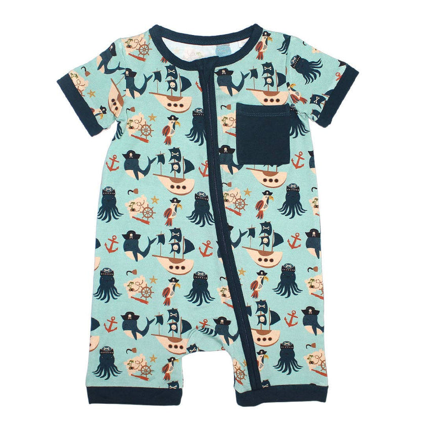 The softest Pirate bamboo baby shortie romper in our Pirate's Life summer print! Don't forget to see other styles in this print for a cute sibling match!