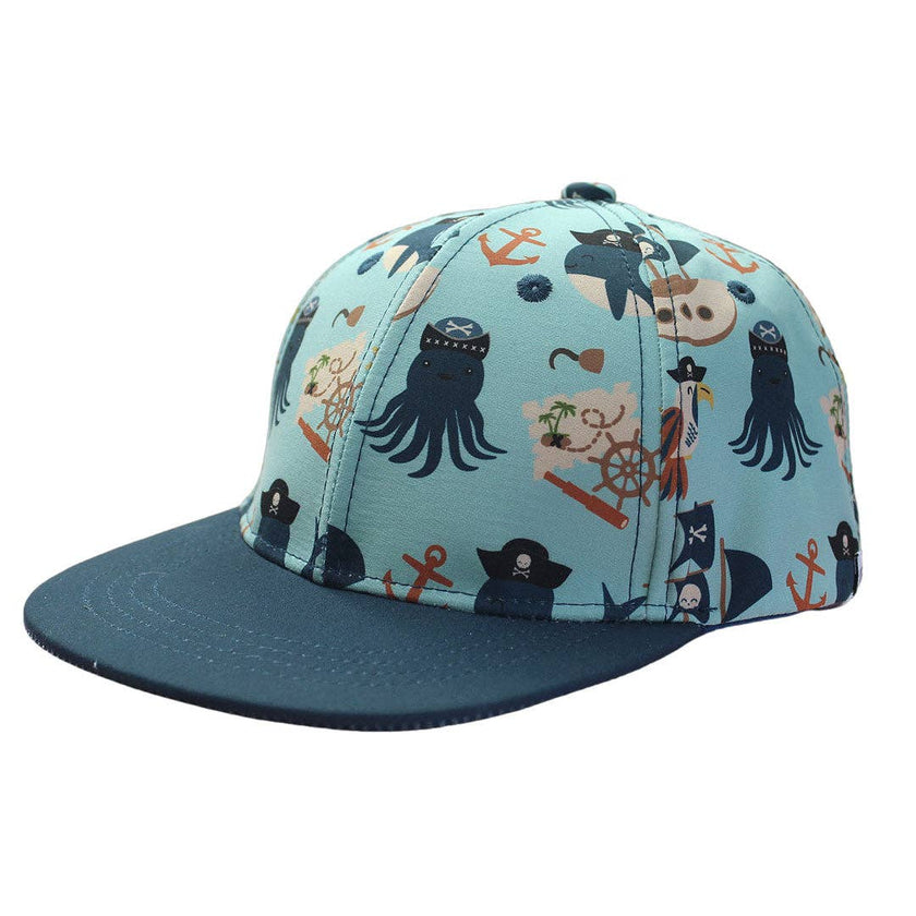 Our new adorable snapback hat for babies and toddlers, featuring our Pirate's Life print! Pair it with our matching swim trunks for a fun filled day at the pool or beach. 