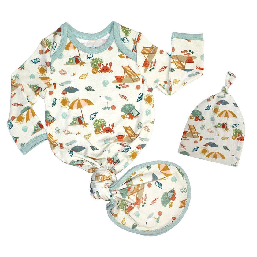 Our new beachy bamboo gown and hat for newborns, in a convenient gift set! 