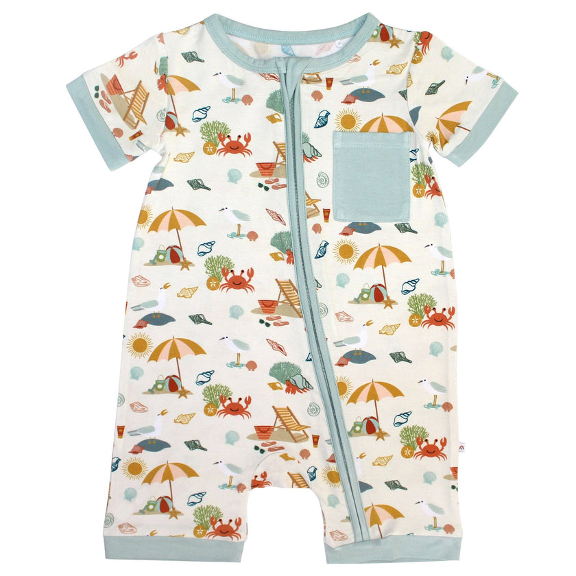 The softest bamboo shortie romper for babies in our Beach Day summer print!