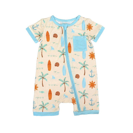 The softest bamboo shortie romper in our Chasing Waves surfboard print!