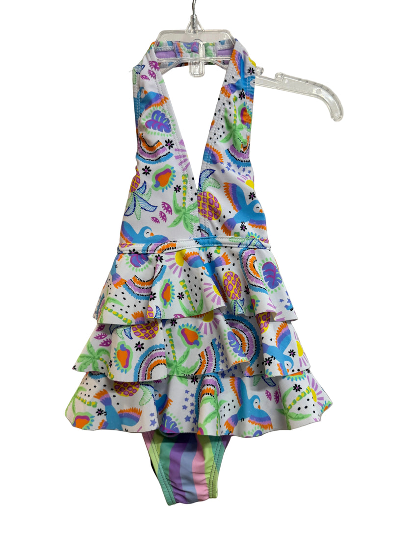 Tiered Ruffle Tankini and Side Cinched Bottom - Tropical Feathers