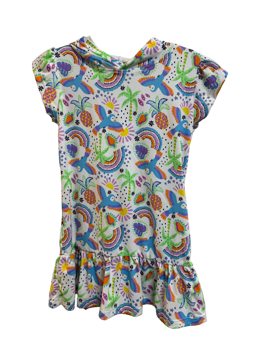 Cap Sleeve Hoodie Dress - Tropical Feathers
