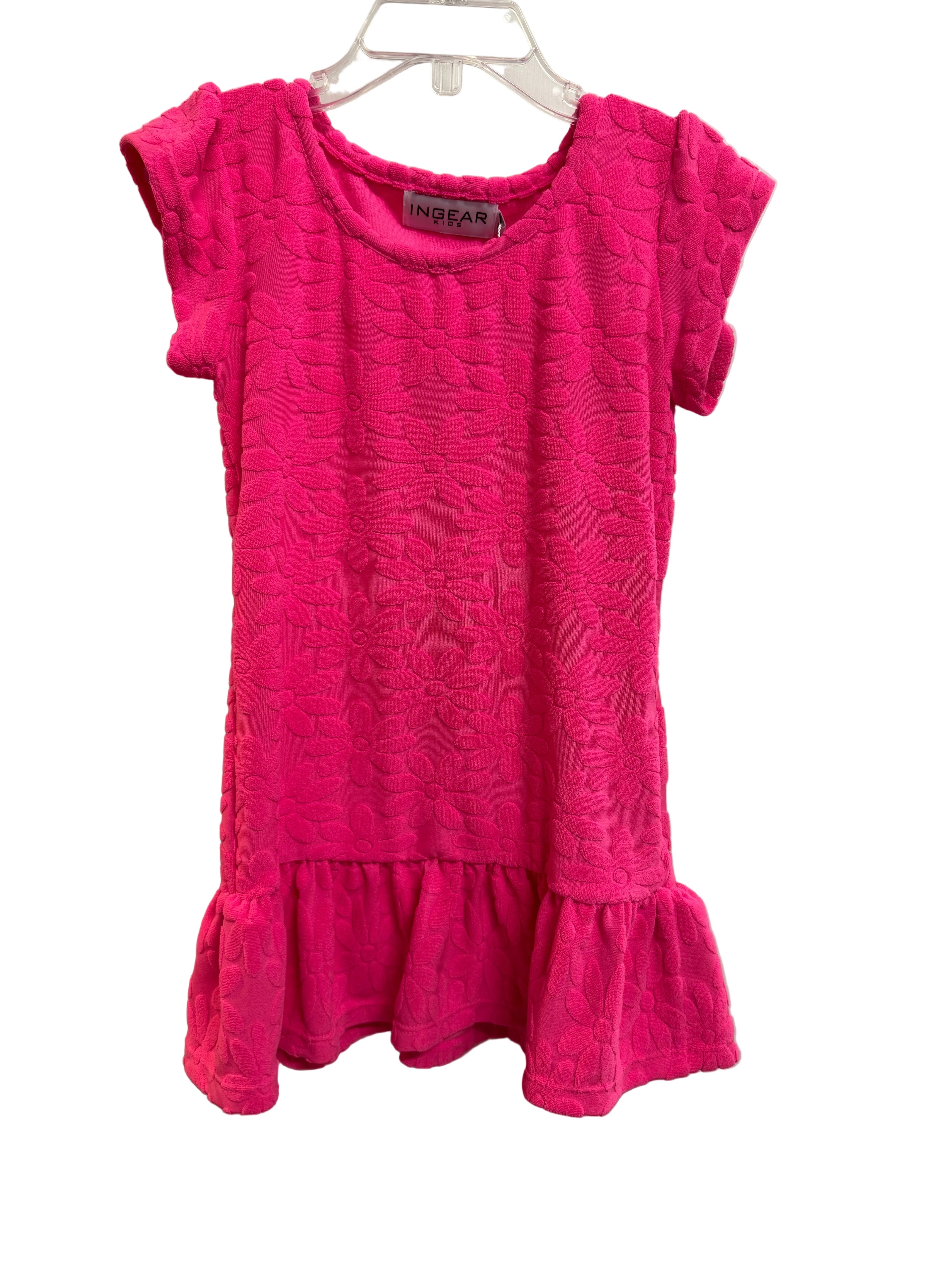 Floral Terry Jacquard Cap Sleeve Ruffle Bottom Dress - Pink