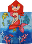 This is an adorable and colorful mermaid-themed poncho-style hooded towel made of 100% cotton. It is suitable for children aged approximately between 1 to 8 years old and has double-sided graphics on the front and back.