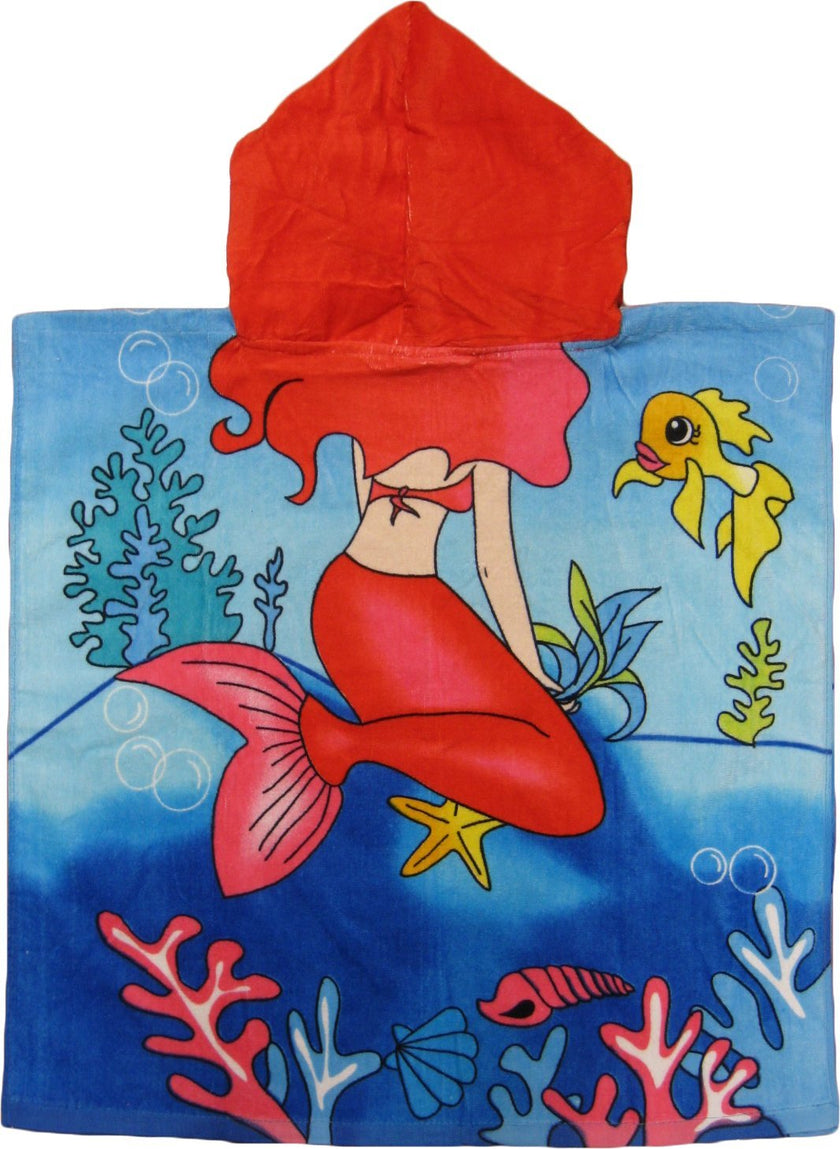 This is an adorable and colorful mermaid-themed poncho-style hooded towel made of 100% cotton. It is suitable for children aged approximately between 1 to 8 years old and has double-sided graphics on the front and back.