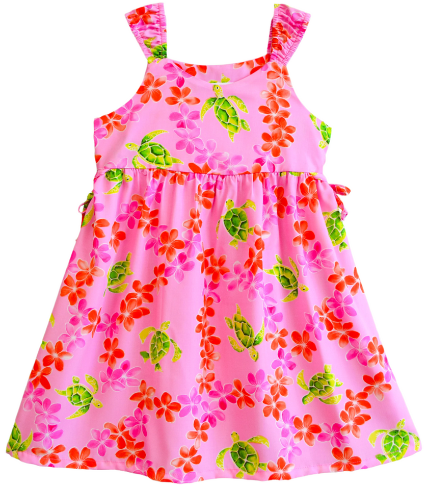 Pink Flowers and Turtles Side Tie Elastic Strap Dress
