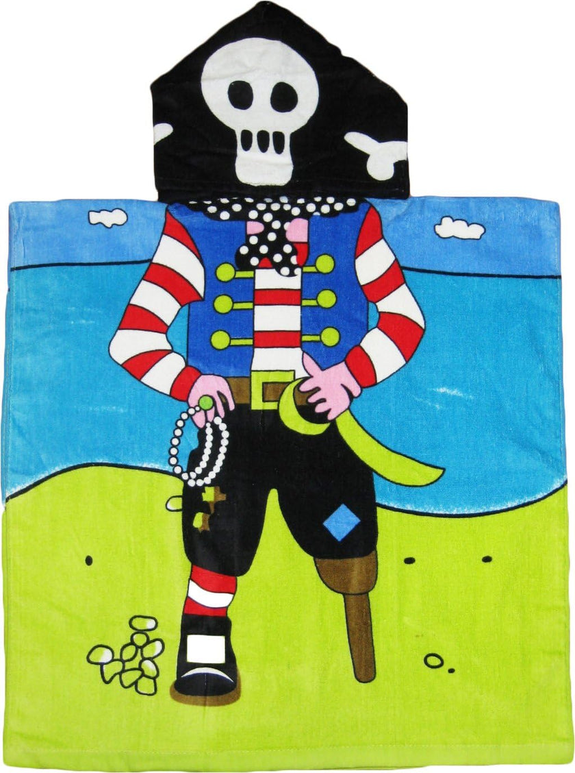 This is an adorable and colorful pirate-themed poncho-style hooded towel made of 100% cotton. It is suitable for children aged approximately between 1 to 8 years old and has double-sided graphics on the front and back.