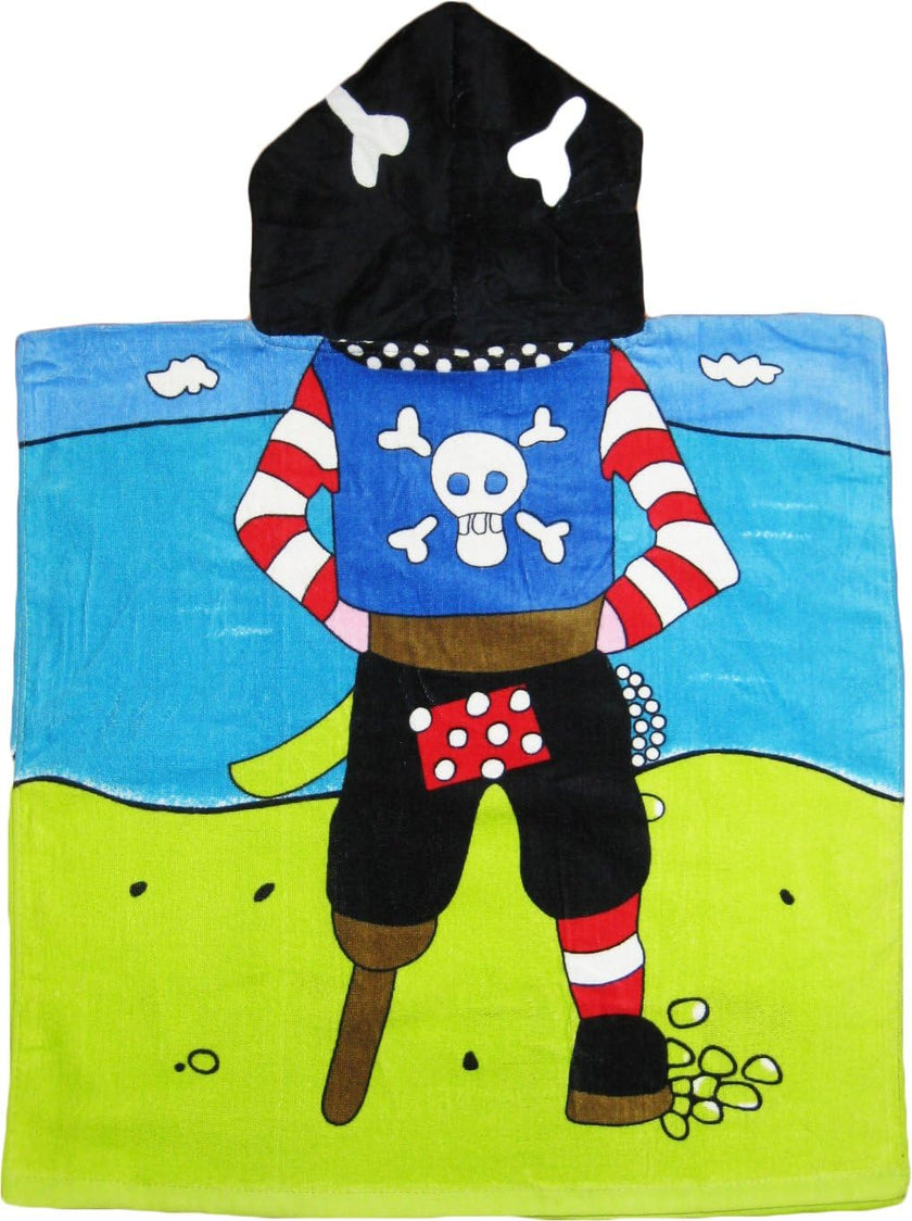 This is an adorable and colorful pirate-themed poncho-style hooded towel made of 100% cotton. It is suitable for children aged approximately between 1 to 8 years old and has double-sided graphics on the front and back.