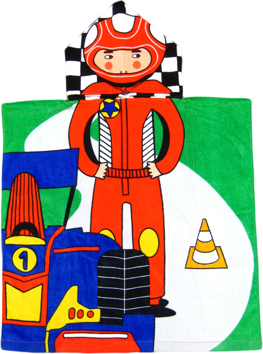 This is an adorable and colorful race card driver-themed poncho-style hooded towel made of 100% cotton. It is suitable for children aged approximately between 1 to 8 years old and has double-sided graphics on the front and back.