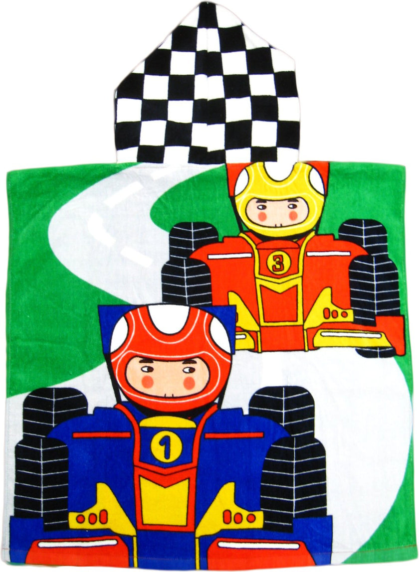 This is an adorable and colorful race card driver-themed poncho-style hooded towel made of 100% cotton. It is suitable for children aged approximately between 1 to 8 years old and has double-sided graphics on the front and back.