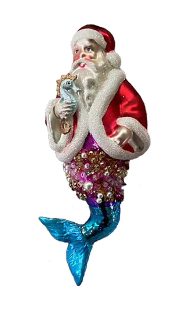 Merman Santa Mermaid Glass Christmas Ornament HZZ103