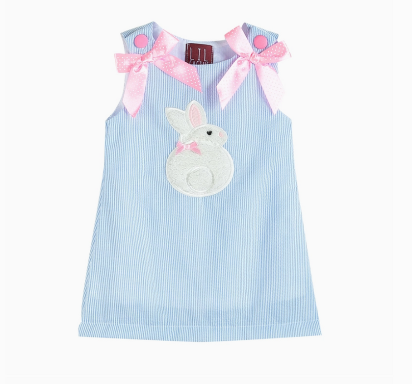 Blue Seersucker Fuzzy Easter Bunny Applique Swing Baby Dress
