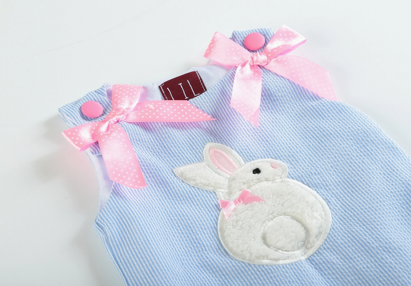 Blue Seersucker Fuzzy Easter Bunny Applique Swing Baby Dress
