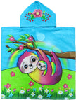 This is an adorable and colorful sloth-themed poncho-style hooded towel made of 100% cotton. It is suitable for children aged approximately between 1 to 8 years old and has double-sided graphics on the front and back.