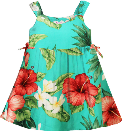 Aqua Hibiscus Side Tie Elastic Strap Dress