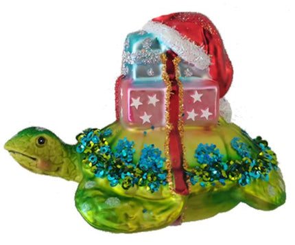 Turtle with Gifts Glass Christmas Ornament HZZ110