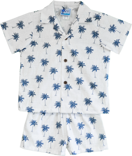 White with Palm Trees Cabana Shirt and Shorts Set