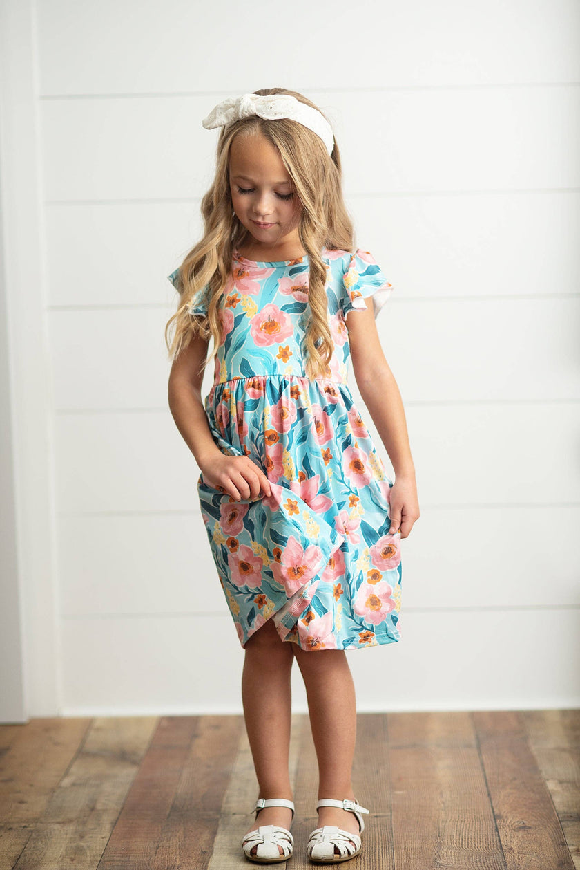 Girls Claire Teal & Pink Floral Spring Summer Twirl Dress