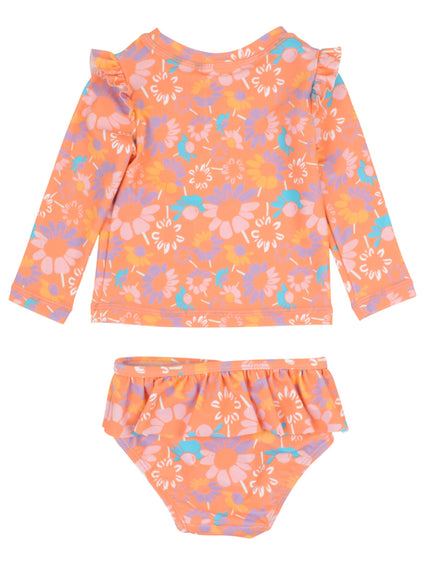 Girls Coral Floral Flutter Long Sleeve Rash Guard Skirted 2-Piece Swimsuit