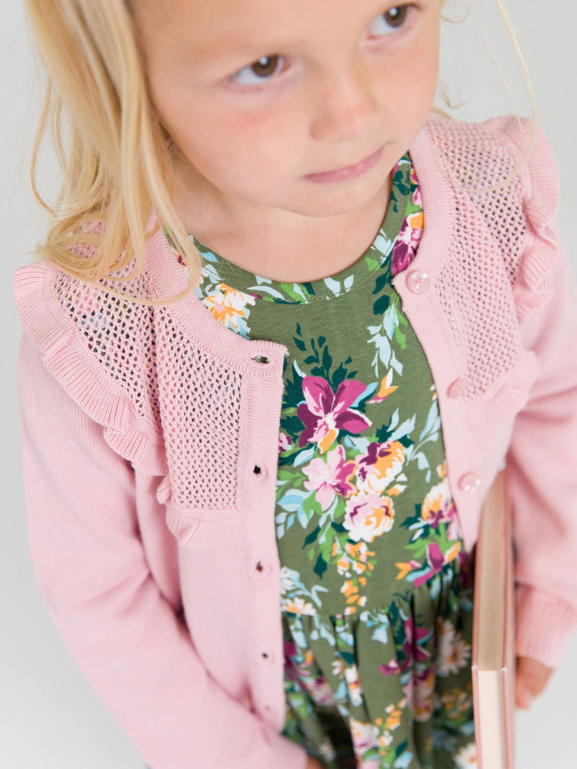 Girls Pink Sweater Knit Ruffle Trim Cardigan
