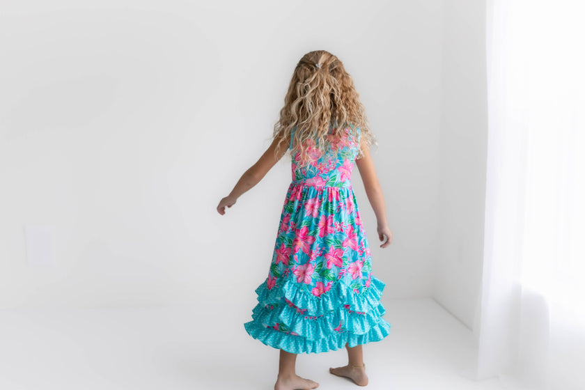 Pink Blue Tropical 3 Ruffle Spring Summer Easter Dress