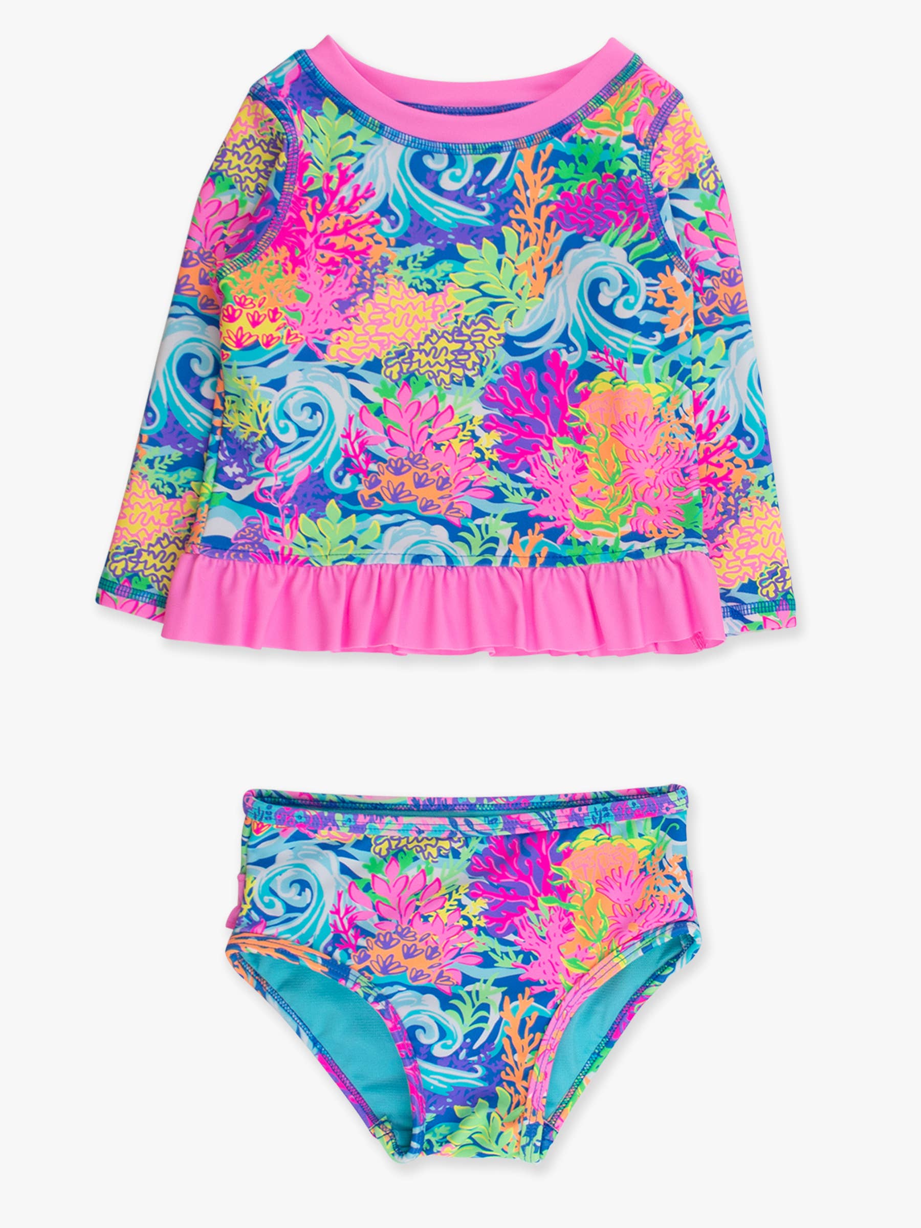 Girls Neon Ocean Coral Long Sleeve Rash Guard 2-Piece Swimsuit with Signature Rear Ruffles