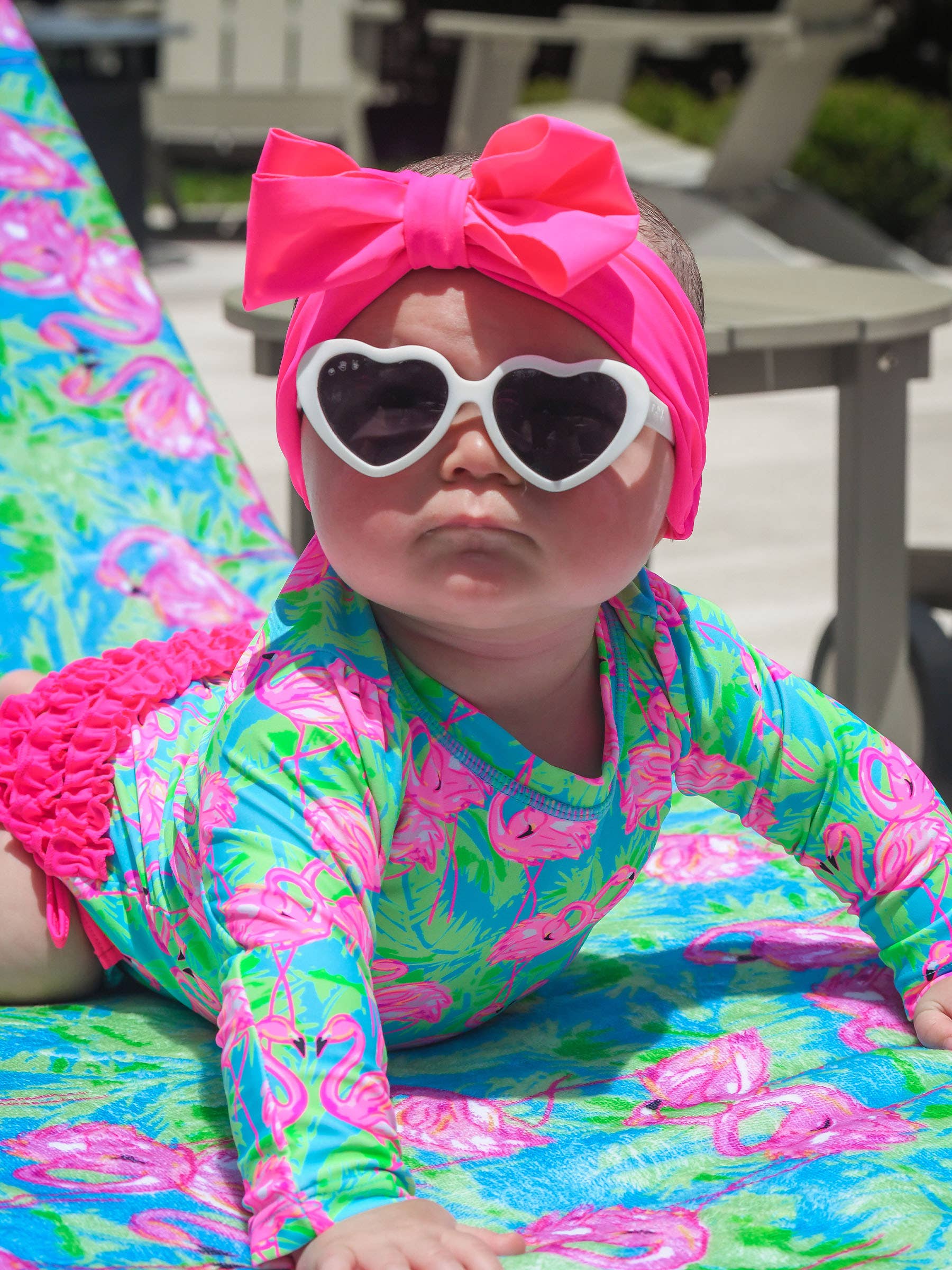 Baby Girls Neon Flamingo Fun Long Sleeve One Piece Rash Guard Swimsuit