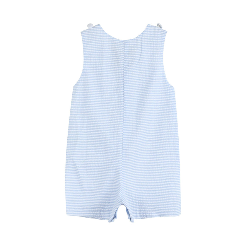 Light Blue Seersucker Pom Pom Bunny Shortalls