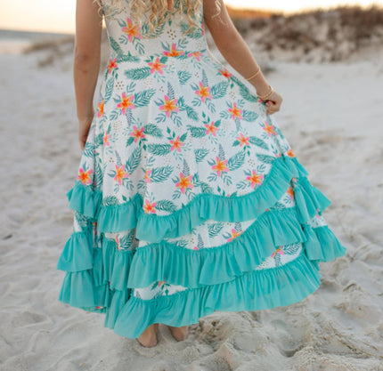 Girls Hawaiian Tropical Flutter Sleeve Ruffles Summer Dress