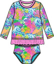 Girls Neon Ocean Coral Long Sleeve Rash Guard 2-Piece Swimsuit
